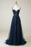 Navy Tulle and Lace Long Prom Dress, Lovely Spaghetti Strap Evening Dress HZ1024