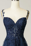 Navy Tulle and Lace Long Prom Dress, Lovely Spaghetti Strap Evening Dress HZ1024