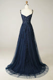 Navy Tulle and Lace Long Prom Dress, Lovely Spaghetti Strap Evening Dress HZ1024