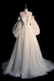 Champagne Tulle Long Sleeve Prom Dress, Off the Shoulder Evening Dress HZ1024