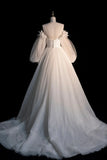 Champagne Tulle Long Sleeve Prom Dress, Off the Shoulder Evening Dress HZ1024