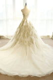 Long Champagne Strapless Tulle Lace Prom Dress, A-Line Evening Dress with Train HZ1024