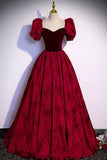 Burgundy Velvet Long A-Line Prom Dress, Short Sleeve Evening Dress HZ1024