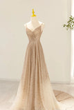 Gold V-Neck Sequins Long Prom Dress, A-Line Evening Party Dress HZ1024