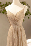 Gold V-Neck Sequins Long Prom Dress, A-Line Evening Party Dress HZ1024
