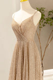 Gold V-Neck Sequins Long Prom Dress, A-Line Evening Party Dress HZ1024