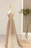 Gold V-Neck Sequins Long Prom Dress, A-Line Evening Party Dress HZ1024