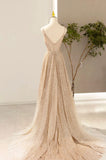 Gold V-Neck Sequins Long Prom Dress, A-Line Evening Party Dress HZ1024