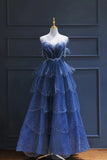 Blue Tulle Beaded Long Senior Prom Dress, A-Line Blue Formal Dress HZ1024
