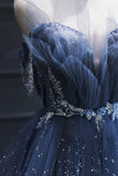Blue Tulle Beaded Long Senior Prom Dress, A-Line Blue Formal Dress HZ1024