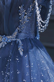 Blue Tulle Beaded Long Senior Prom Dress, A-Line Blue Formal Dress HZ1024