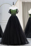 Black Tulle Long A-Line Prom Dress, Black Evening Dress with Green Beaded HZ1024
