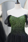 Black Tulle Long A-Line Prom Dress, Black Evening Dress with Green Beaded HZ1024