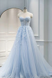 Blue Sweetheart Neck Lace Floor Length Prom Dress, Lovely Blue Evening Dress HZ1024
