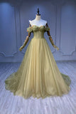 Green Tulle Long A-Line Prom Dress, Off the Shoulder Evening Party Dress HZ1024