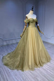 Green Tulle Long A-Line Prom Dress, Off the Shoulder Evening Party Dress HZ1024