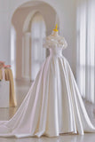 White Satin Long Ball Gown, A-Line Flower Wedding Gown with Bow HZ1024