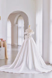 White Satin Long Ball Gown, A-Line Flower Wedding Gown with Bow HZ1024
