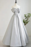 Gray Satin Long A-Line Prom Dress, Off the Shoulder Evening Dress with Pearls HZ1024