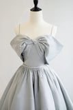 Gray Satin Long A-Line Prom Dress, Off the Shoulder Evening Dress with Pearls HZ1024