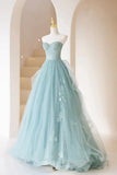 Cute Tulle Strapless Long Prom Dress, A-Line Lace Formal Evening Dress HZ1024
