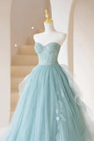 Cute Tulle Strapless Long Prom Dress, A-Line Lace Formal Evening Dress HZ1024