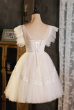 Cute Lace Short A-Line Prom Dress, Champagne Party Dress HZ1024