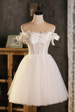 A-Line Tulle Short Prom Dress, Cute Champagne Off the Shoulder Party Dresses HZ1024