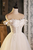 A-Line Tulle Short Prom Dress, Cute Champagne Off the Shoulder Party Dresses HZ1024
