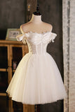 A-Line Tulle Short Prom Dress, Cute Champagne Off the Shoulder Party Dresses HZ1024