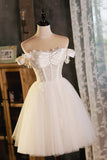 A-Line Tulle Short Prom Dress, Cute Champagne Off the Shoulder Party Dresses HZ1024