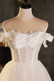 A-Line Tulle Short Prom Dress, Cute Champagne Off the Shoulder Party Dresses HZ1024