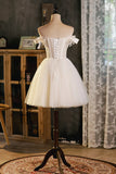 A-Line Tulle Short Prom Dress, Cute Champagne Off the Shoulder Party Dresses HZ1024