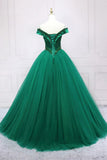 Green Tulle Long A-Line Ball Gown, Off the Shoulder Evening Dress HZ1024
