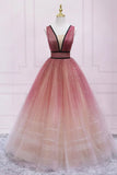 Cute Ombre Tulle V-Neck Long Party Dress, A-line Prom Dress HZ1024