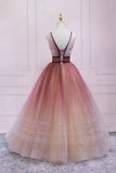 Cute Ombre Tulle V-Neck Long Party Dress, A-line Prom Dress HZ1024