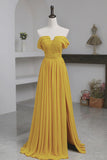Yellow Chiffon Long Prom Dress, A-Line Off the Shoulder Evening Dress HZ1024