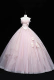Lovely Pink Tull Applique Ball Gown Formal Dress, Pink Sweet 16 Dress HZ1024