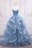 Blue V-Neck Tulle Long Formal Gown, A-Line Blue Evening Dress HZ1024