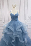 Blue V-Neck Tulle Long Formal Gown, A-Line Blue Evening Dress HZ1024