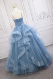 Blue V-Neck Tulle Long Formal Gown, A-Line Blue Evening Dress HZ1024