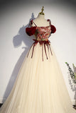 Champagne Tulle Spaghetti Strap Long Prom Dress, A-Line Formal Evening Dress HZ1024