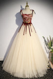 Champagne Tulle Spaghetti Strap Long Prom Dress, A-Line Formal Evening Dress HZ1024