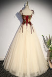 Champagne Tulle Spaghetti Strap Long Prom Dress, A-Line Formal Evening Dress HZ1024