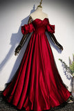 Burgundy Satin Tulle Long Prom Dress, A-Line Sweetheart Neck Evening Dress HZ1024