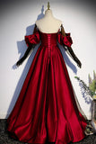 Burgundy Satin Tulle Long Prom Dress, A-Line Sweetheart Neck Evening Dress HZ1024