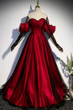 Burgundy Satin Tulle Long Prom Dress, A-Line Sweetheart Neck Evening Dress HZ1024