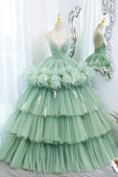 Green V-Neck Layers Tulle Long Ball Gown, A-Line Formal Gown HZ1024