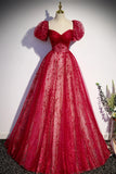 Burgndy Tulle Short Sleeve Formal Evening Dress, A-Line Long Prom Dress HZ1024