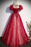 Burgndy Tulle Short Sleeve Formal Evening Dress, A-Line Long Prom Dress HZ1024
